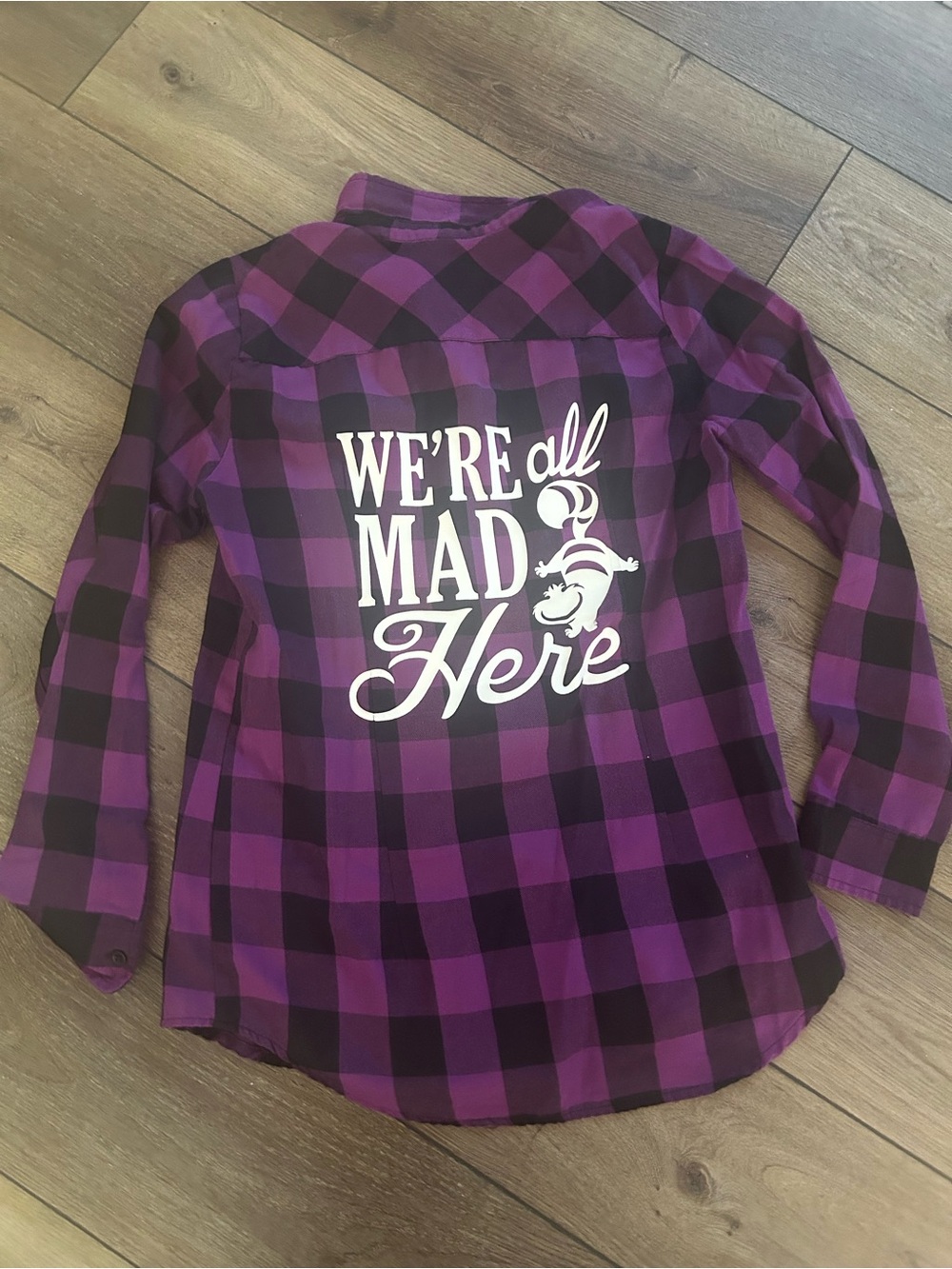 Purple Plaid Disney with "We're All Mad Here" Graphic